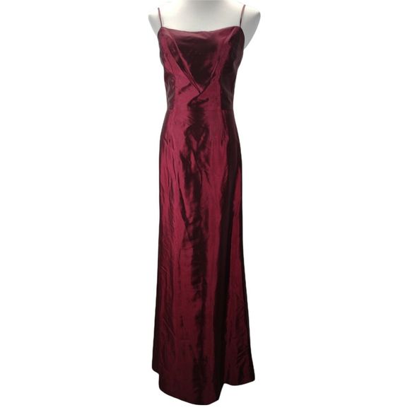 Vintage 90s Jim Hjelm Formal Dress Size 8 Red Taffeta Square Neck Maxi Watteau - Picture 1 of 10